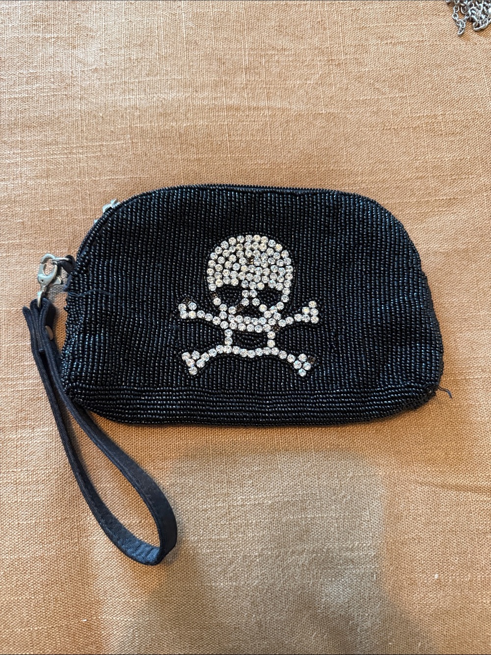 Betsey Johnson Black Beaded Wristlet Clutch with Crystal Skull Accent